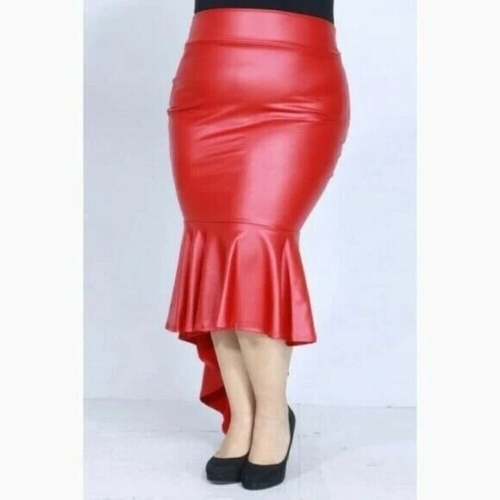 Pleather‎ Asymmetric Mermaid Hem Midi Skirt Brick Red